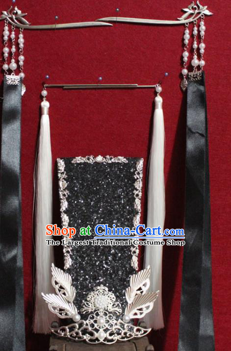 Traditional Chinese Handmade Ming Dynasty Prince Black Ribbon Hair Crown Ancient Noble Childe Hair Accessories for Men