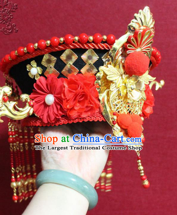 Traditional Chinese Handmade Red Peony Hat Ancient Qing Dynasty Imperial Consort Hair Accessories Headwear for Women