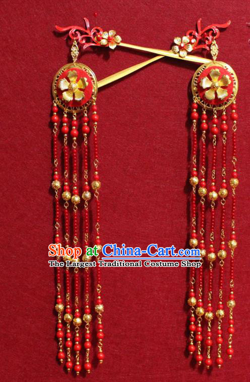 Traditional Chinese Handmade Hairpins Ancient Qing Dynasty Imperial Consort Hair Accessories Headwear Red Beads Tassel Hair Clips for Women
