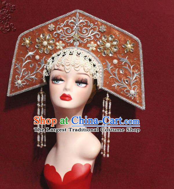 Traditional Chinese Ancient Queen Orange Phoenix Coronet Handmade Hair Jewelry Tassel Hair Accessories Complete Set