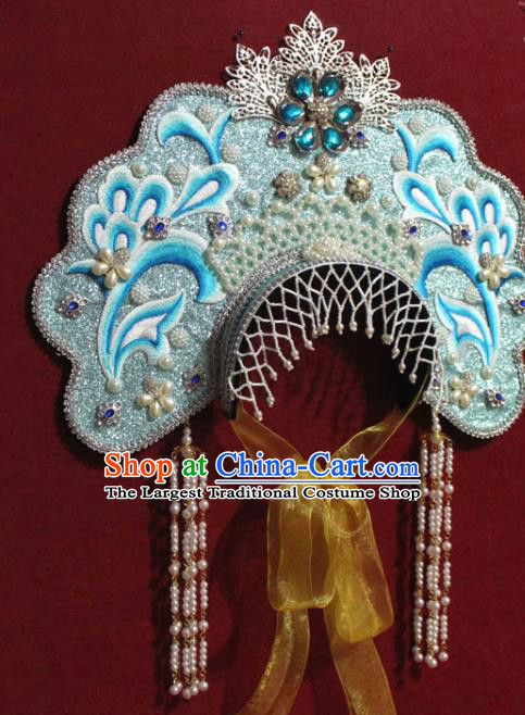 Traditional Chinese Ancient Queen Beads Tassel Blue Phoenix Coronet Handmade Hair Jewelry Hair Accessories Complete Set