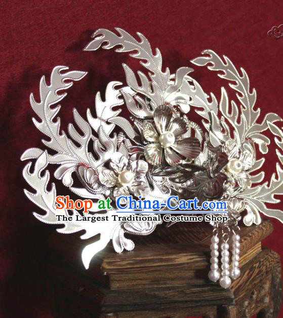 Traditional Chinese Handmade Argent Phoenix Hairpins Ancient Qing Dynasty Imperial Consort Hair Accessories Hair Comb for Women