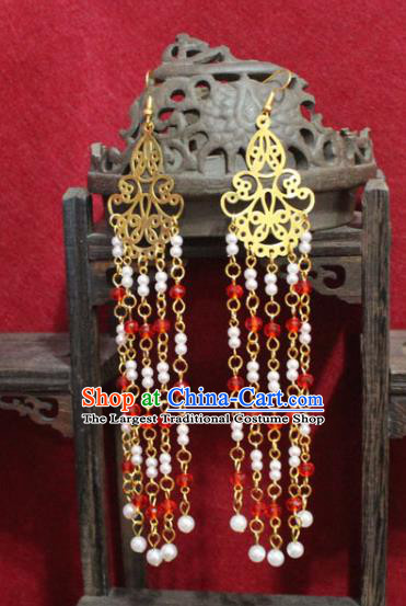 Traditional Chinese Ancient Princess Beads Tassel Earrings Handmade Jewelry Accessories Golden Eardrop for Women