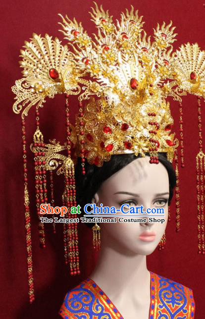 Traditional Chinese Ancient Queen Golden Phoenix Coronet Handmade Hair Jewelry Tassel Hairpins Hair Accessories Complete Set