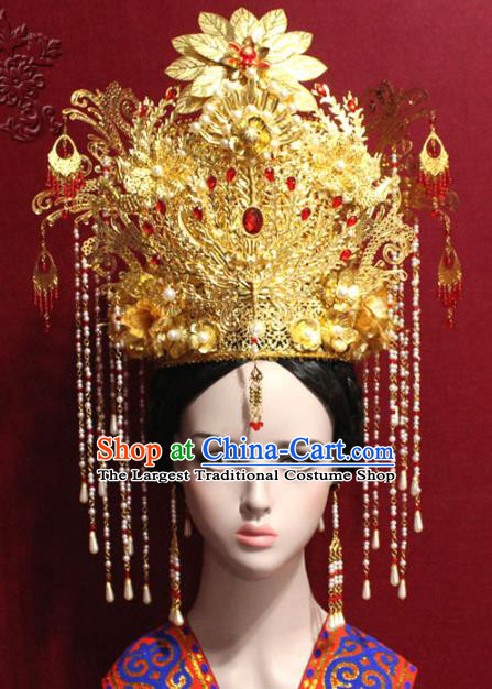 Traditional Chinese Ancient Queen Pearls Tassel Phoenix Coronet Handmade Hair Jewelry Hairpins Golden Hair Accessories Complete Set