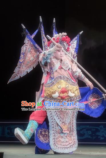 Shuang Ba Lang Chinese Sichuan Opera General Apparels Costumes and Headpieces Peking Opera Wusheng Garment Martial Male Armor Clothing with Flags
