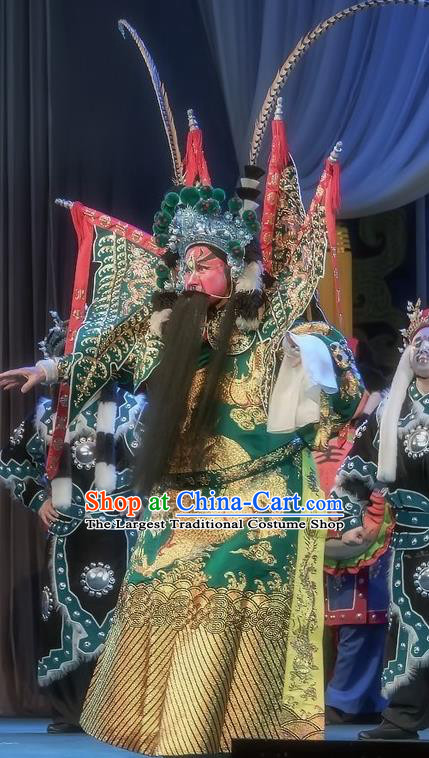 Shuang Ba Lang Chinese Sichuan Opera Military Officer Apparels Costumes and Headpieces Peking Opera General Wang Ying Garment Green Kao Clothing with Flags