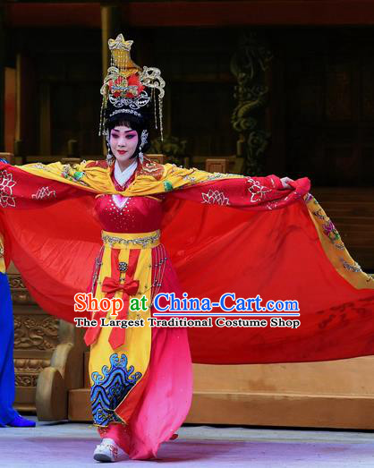 Chinese Beijing Opera Goddess Apparels Costumes and Headpieces Traditional Peking Opera Ma Zu Hua Tan Lin Moniang Red Dress Garment