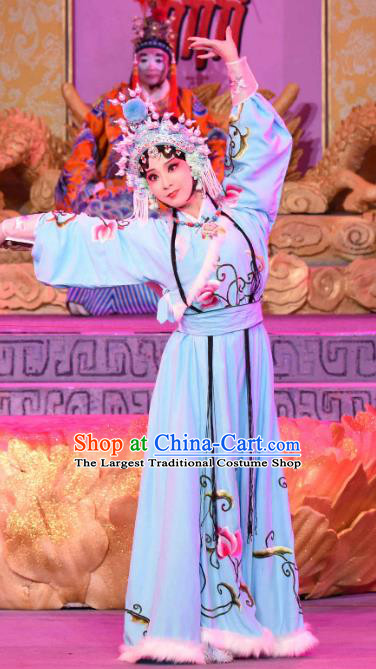 Chinese Sichuan Opera Young Lady Garment Costumes and Hair Accessories Qing Yun Palace Traditional Peking Opera Xiaodan Miao Jinhua Blue Dress Apparels