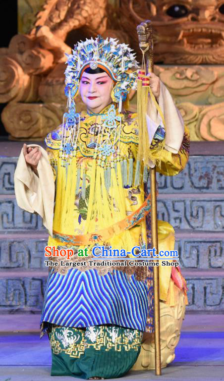 Chinese Sichuan Opera Empress Dowager Garment Costumes and Hair Accessories Qing Yun Palace Traditional Peking Opera Elderly Female Dress Pantaloon Apparels