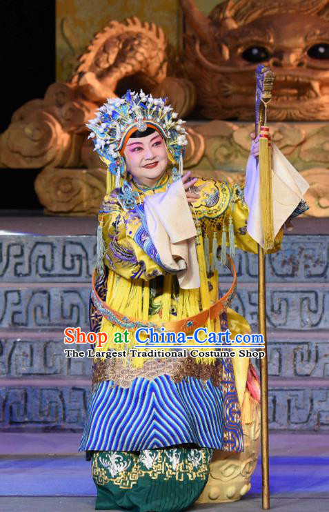 Chinese Sichuan Opera Empress Dowager Garment Costumes and Hair Accessories Qing Yun Palace Traditional Peking Opera Elderly Female Dress Pantaloon Apparels