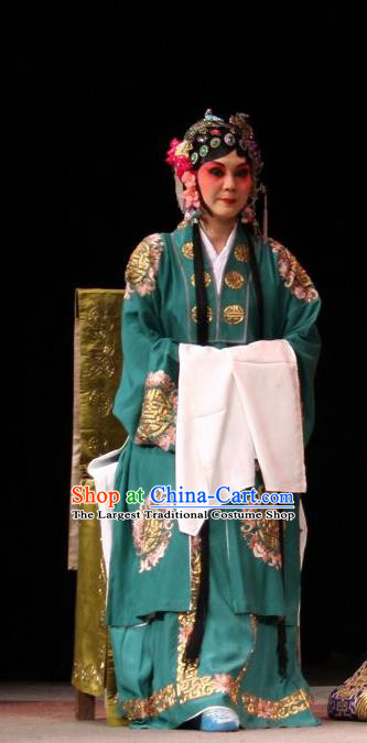 Chinese Sichuan Opera Elderly Female Garment Costumes and Hair Accessories Yu He Qiao Traditional Peking Opera Dame Green Dress Consort Apparels