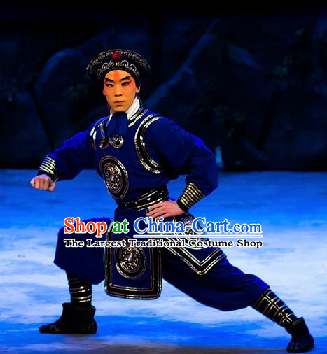Mrs Anguo Chinese Peking Opera Wusheng Blue Garment Costumes and Headwear Beijing Opera Martial Male Apparels Takefu Clothing