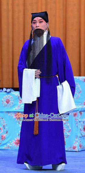Yu Bei Pavilion Chinese Peking Opera Elderly Scholar Garment Costumes and Headwear Beijing Opera Laosheng Blue Robe Apparels Clothing