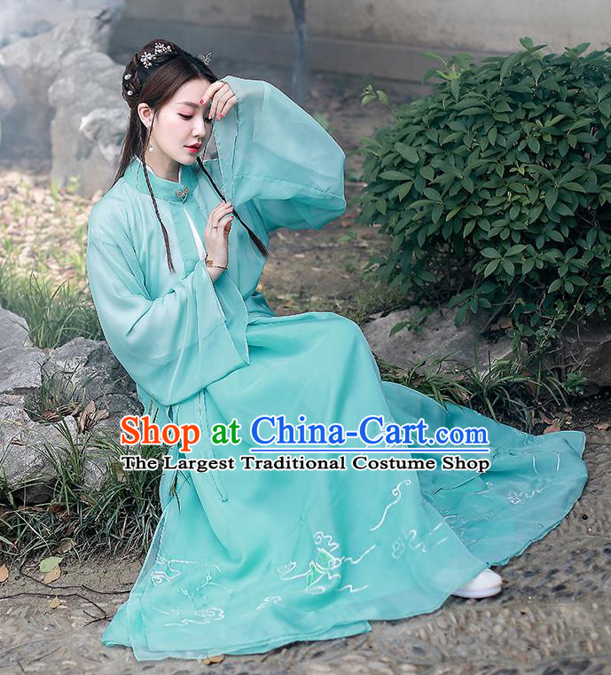 Chinese Ming Dynasty Historical Costumes Traditional Apparels Ancient Patrician Lady Green Hanfu Dress for Women