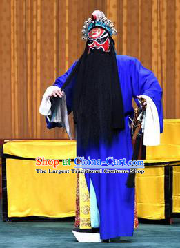 Xiangmei Temple Chinese Peking Opera Elderly Male Garment Costumes and Headwear Beijing Opera Laosheng Huang Chao Apparels Blue Robe Clothing