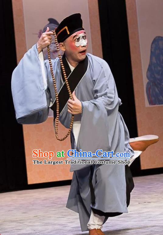 Xiangmei Temple Chinese Peking Opera Monk Liao Kong Grey Frock Garment Costumes and Headwear Beijing Opera Chou Role Apparels Clown Clothing