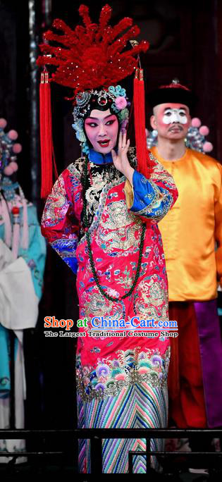 Chinese Beijing Opera Diva Princess Daizhan Apparels Costumes and Headdress Hong Zong Lie Ma Traditional Peking Opera Hua Tan Dress Actress Garment