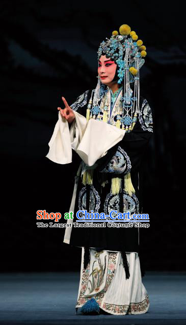 Chinese Beijing Opera Distress Female Apparels Costumes and Headdress Sacrifice Zhao Shi Gu Er Traditional Peking Opera Young Woman Black Dress Garment