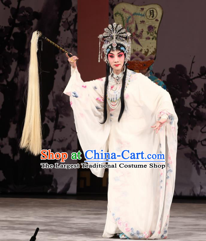 Chinese Beijing Opera Hua Tan Apparels Costumes and Headpieces Tai Zhen Wai Zhuan Traditional Peking Opera Taoist Nun White Dress Garment