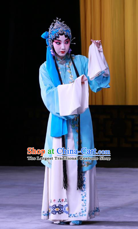 Chinese Beijing Opera Young Female Jiang Qiulian Apparels Costumes and Headpieces Chun Qiu Pei Traditional Peking Opera Tsing Yi Blue Dress Garment