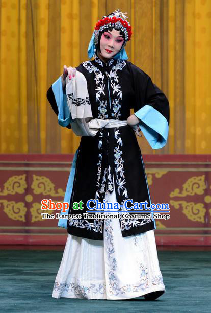 Chinese Beijing Opera Young Female Apparels Costumes and Headpieces Mei Lan Ni Chang Traditional Peking Opera Tsing Yi Black Dress Garment