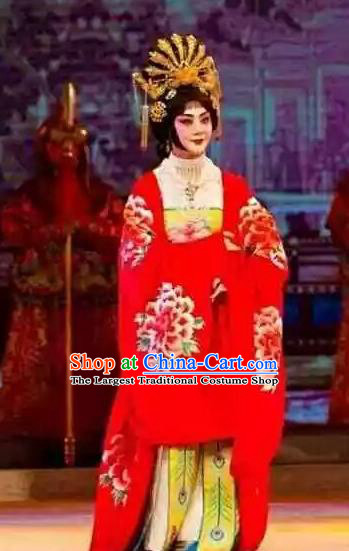 Chinese Beijing Opera Imperial Consort Yang Apparels Costumes and Headpieces Mei Lan Ni Chang Traditional Peking Opera Hua Tan Red Dress Garment