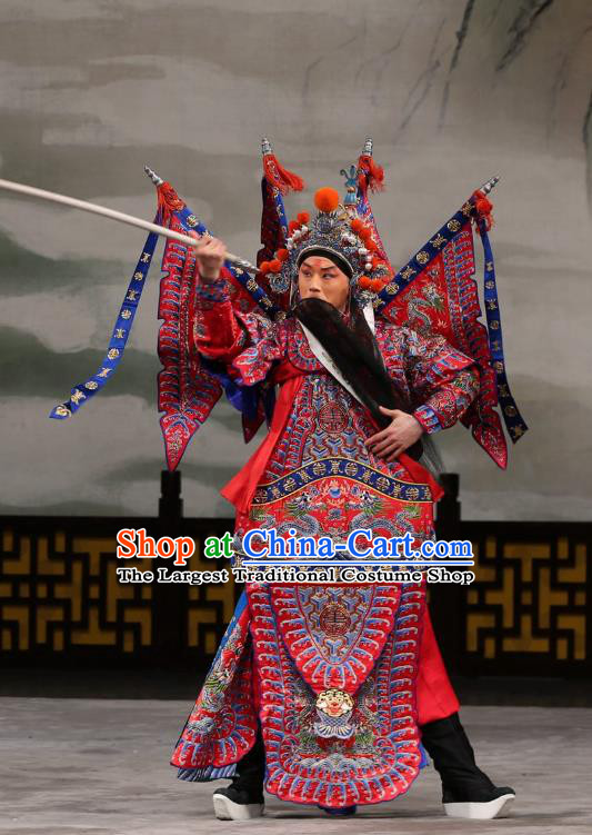 Xi Shi Chinese Peking Opera General Red Kao Armor Suit with Flags Garment Costumes and Headwear Beijing Opera Martial Male Apparels Clothing