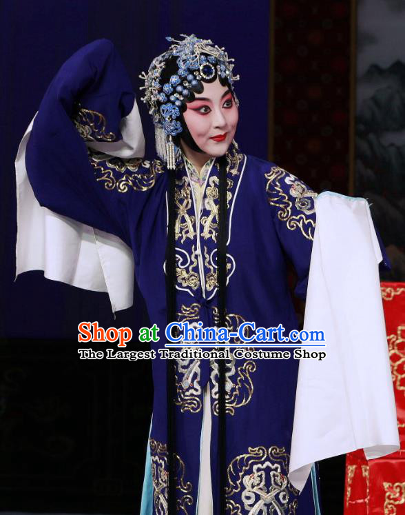 Chinese Beijing Opera Hua Tan Zhao Shouzhen Apparels Costumes and Headdress The Unicorn Purse Traditional Peking Opera Actress Blue Dress Diva Garment