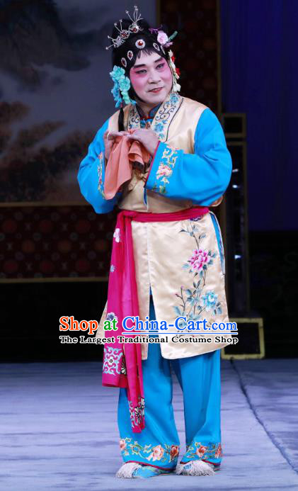 Chinese Beijing Opera Servant Girl Apparels Costumes and Headdress The Unicorn Purse Traditional Peking Opera Xiaodan Dress Garment