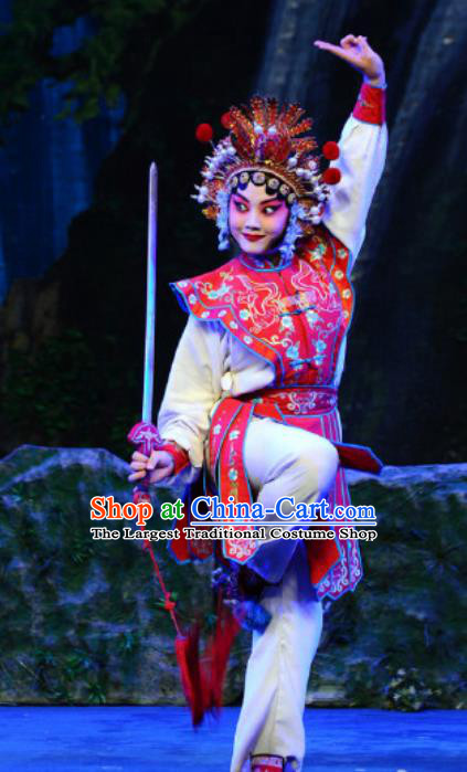Chinese Beijing Opera Martial Female Apparels Costumes and Headdress Qing Shi Mountain Traditional Peking Opera Wu Dan Red Dress Garment