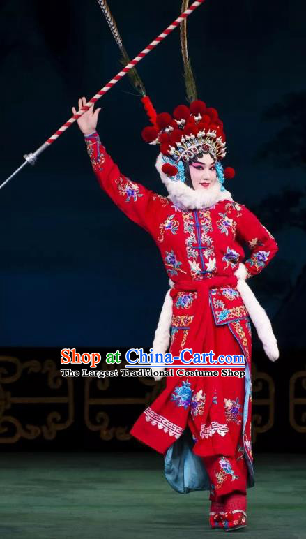 Chinese Beijing Opera Blues Apparels Costumes and Headdress Qing Shi Mountain Traditional Peking Opera Martial Female Red Dress Garment