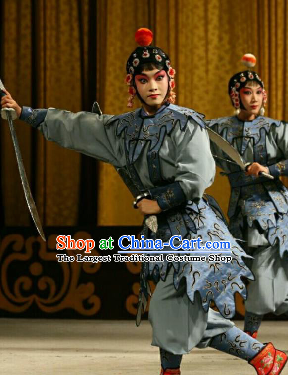 Chinese Beijing Opera Female Swordsman Apparels Costumes and Headdress Qing Shi Mountain Traditional Peking Opera Martial Girl Dress Garment