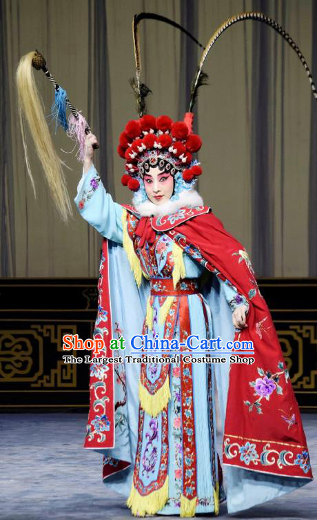 Chinese Beijing Opera Tao Ma Tan Fairy Fox Apparels Costumes and Headdress Qing Shi Mountain Traditional Peking Opera Blues Dress Garment