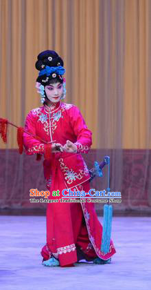 Chinese Beijing Opera Swordswoman Red Apparels Costumes and Headdress Traditional Peking Opera Young Lady Dress Xiaodan Garment