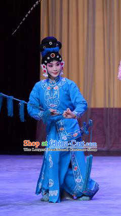 Chinese Beijing Opera Female Swordsman Apparels Costumes and Headdress Traditional Peking Opera Princess Shuangyang Young Lady Blue Dress Xiaodan Garment