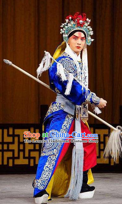 Princess Shuangyang Chinese Peking Opera Wusheng Garment Costumes and Headwear Beijing Opera Apparels Martial Male Blue Clothing