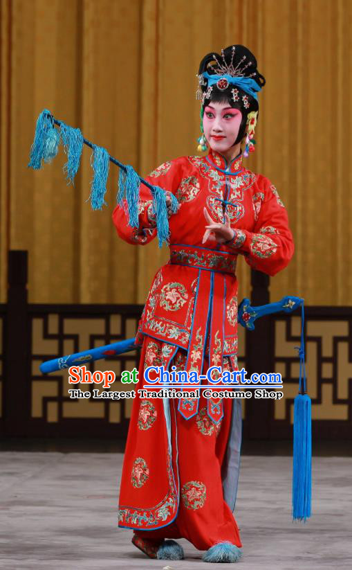 Chinese Beijing Opera Wu Dan Red Apparels Costumes and Headdress Traditional Peking Opera Princess Shuangyang Dress Martial Female Garment
