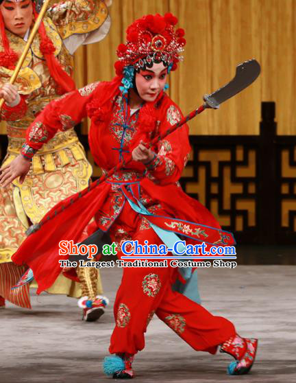 Chinese Beijing Opera Martial Female Apparels Costumes and Headdress Hongqiao with the Pearl Traditional Peking Opera Swordswoman Red Dress Garment