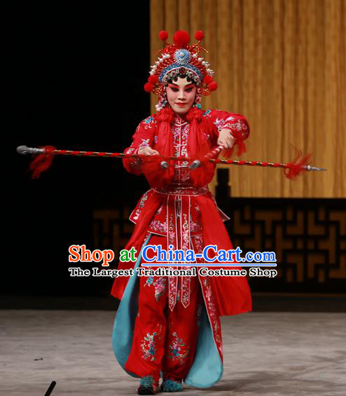 Chinese Beijing Opera Female Swordsman Apparels Costumes and Headdress Hongqiao with the Pearl Traditional Peking Opera Martial Lady Ling Bo Red Dress Garment
