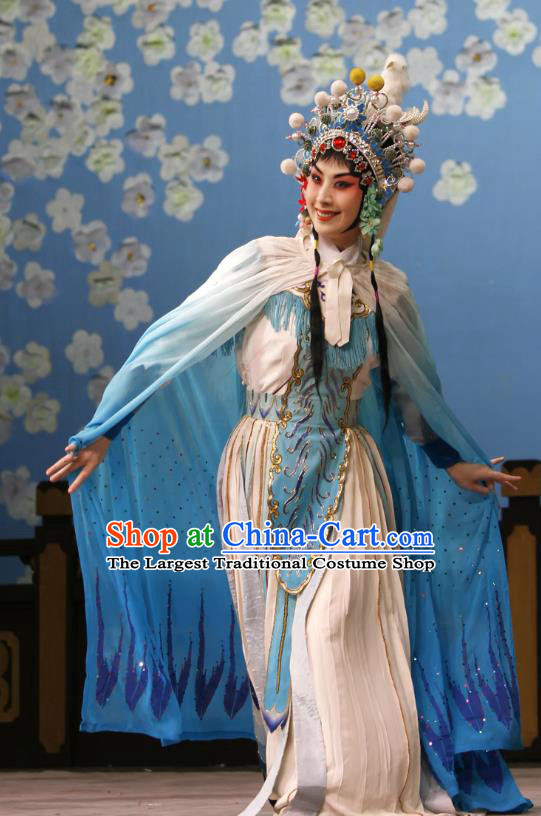 Chinese Beijing Opera Diva Goddess Ling Bo Apparels Costumes and Headdress Hongqiao with the Pearl Traditional Peking Opera Hua Tan White Dress Actress Garment
