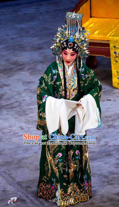 Chinese Beijing Opera Actress Apparels  Palace Queen Costumes and Headdress Anecdote of Wu Zetian Traditional Peking Opera Court Empress Green Dress Garment