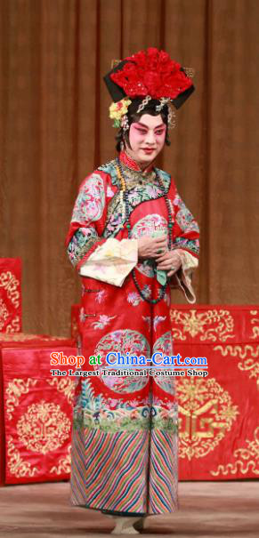 Chinese Beijing Opera Young Female Apparels Qing Dynasty Costumes and Headdress Mei Yu Pei Traditional Peking Opera Diva Red Dress Actress Han Cuizhu Garment