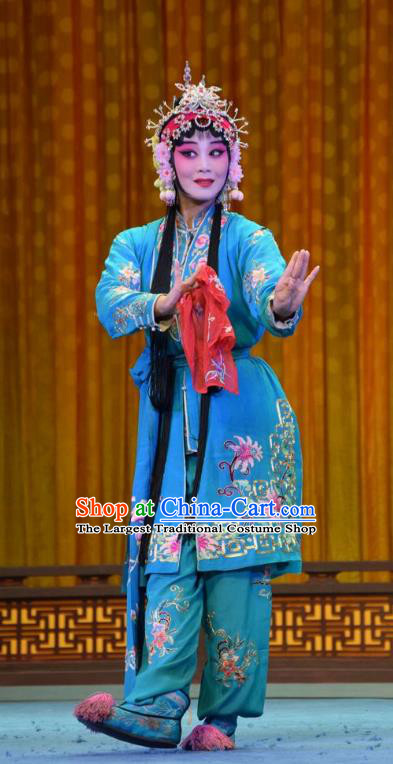 Chinese Jin Opera Xiaodan Garment Costumes and Headdress Madam White Snake Traditional Shanxi Opera Young Lady Blue Dress Maidservant Xiao Qing Apparels
