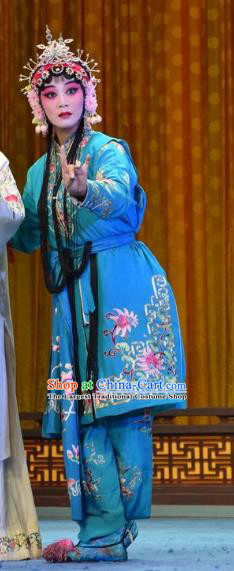 Chinese Jin Opera Xiaodan Garment Costumes and Headdress Madam White Snake Traditional Shanxi Opera Young Lady Blue Dress Maidservant Xiao Qing Apparels
