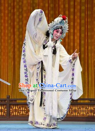 Chinese Jin Opera Martial Female Garment Costumes and Headdress Madam White Snake Traditional Shanxi Opera Actress Dress Swordswoman Bai Suzhen Apparels