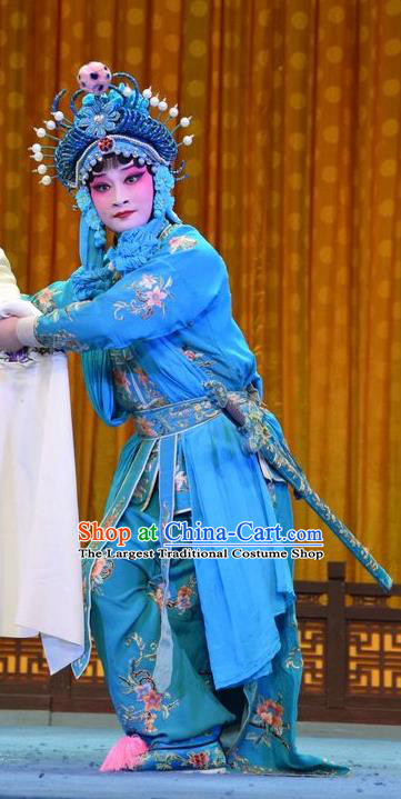 Chinese Jin Opera Martial Woman Garment Costumes and Headdress Madam White Snake Traditional Shanxi Opera Actress Dress Female Swordsman Xiao Qing Blue Apparels