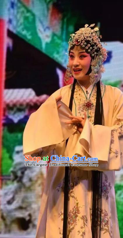 Chinese Jin Opera Young Woman Garment Costumes and Headdress Madam White Snake Traditional Shanxi Opera Actress Dress Mistress Bai Suzhen Apparels