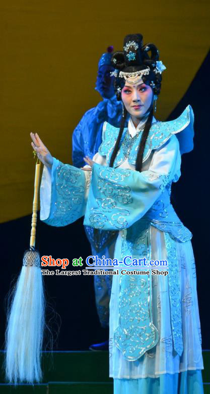 Chinese Hebei Clapper Opera Goddess Garment Costumes and Headdress The Legend of Tenjiku Traditional Bangzi Opera Actress Blue Dress Princess Apparels