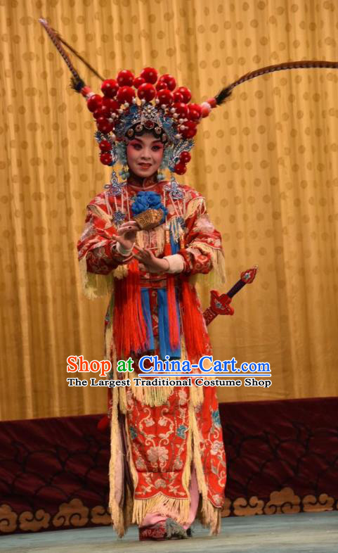 Chinese Jin Opera Female Warrior Garment Costumes and Headdress Jin Sha Tan Traditional Shanxi Opera Soldier Dress Martial Woman Red Apparels